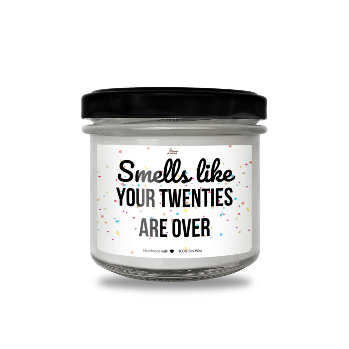 a jar of white candles with a black lid