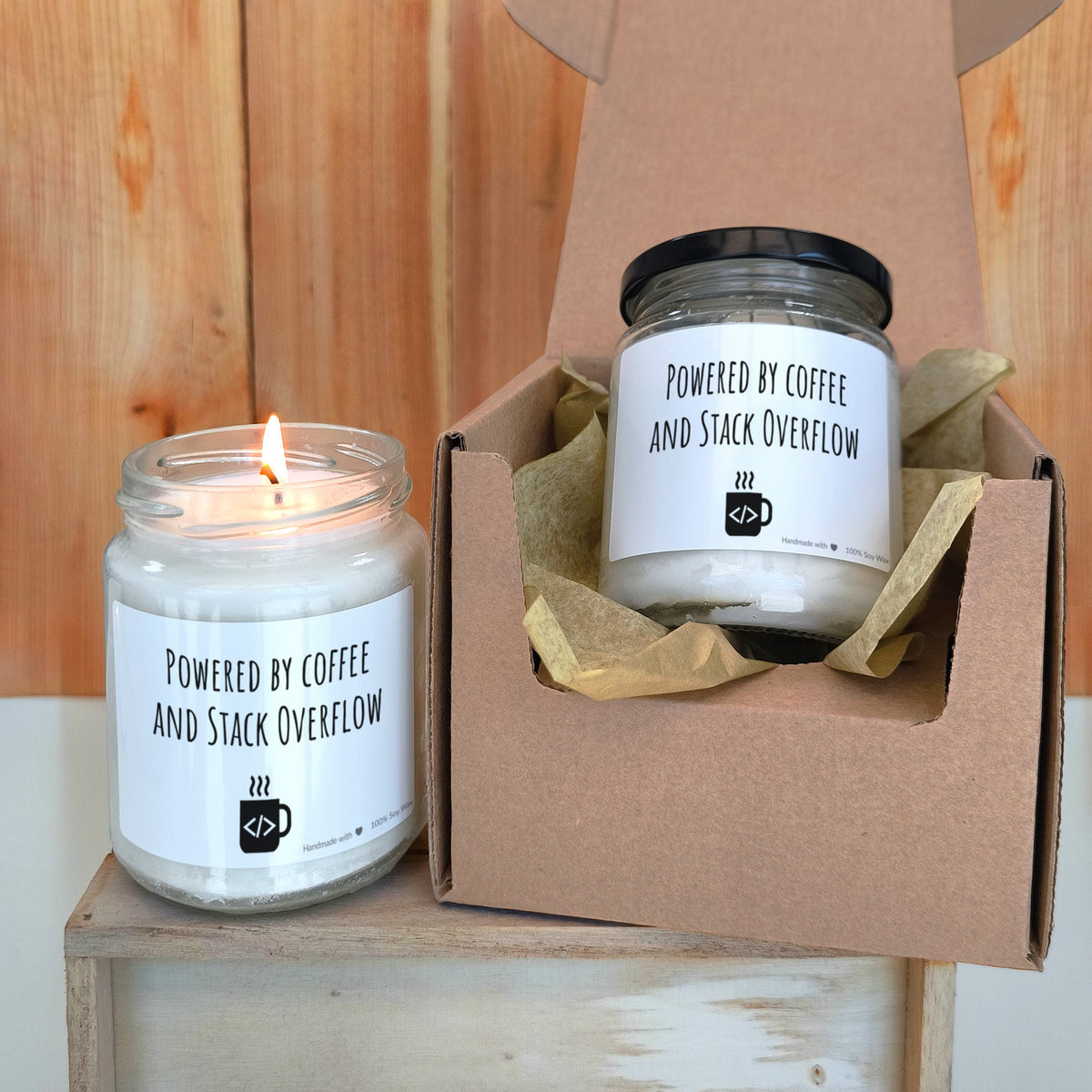 Powered by coffee and Stack Overflow lumanare parfumata din soia