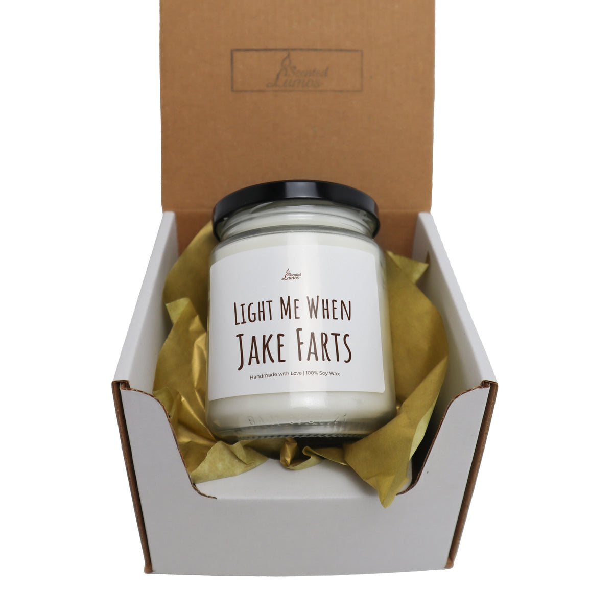 a candle in a box that says, light me when take fars