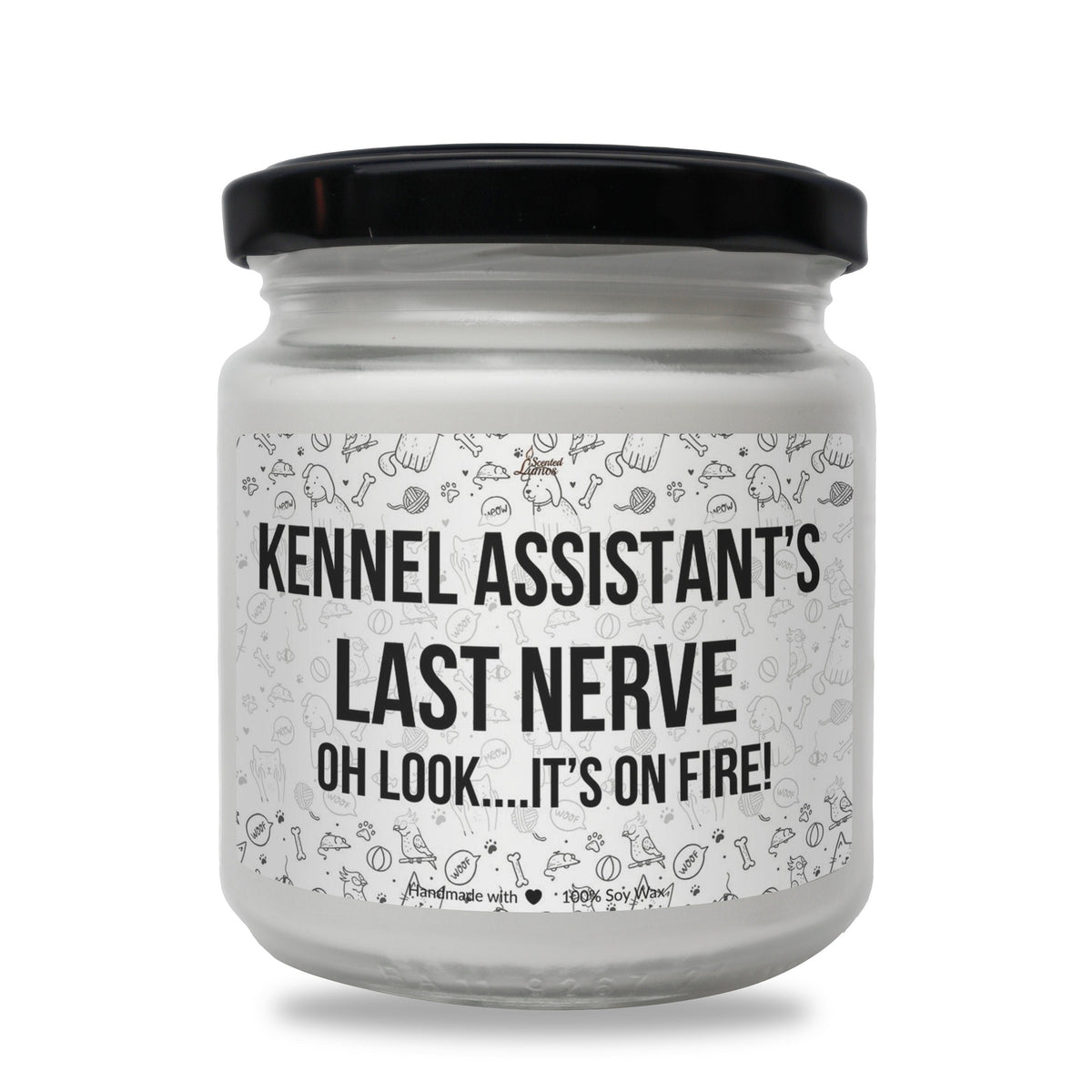 a white jar with a black lid that says kernel assistant&#39;s last ner