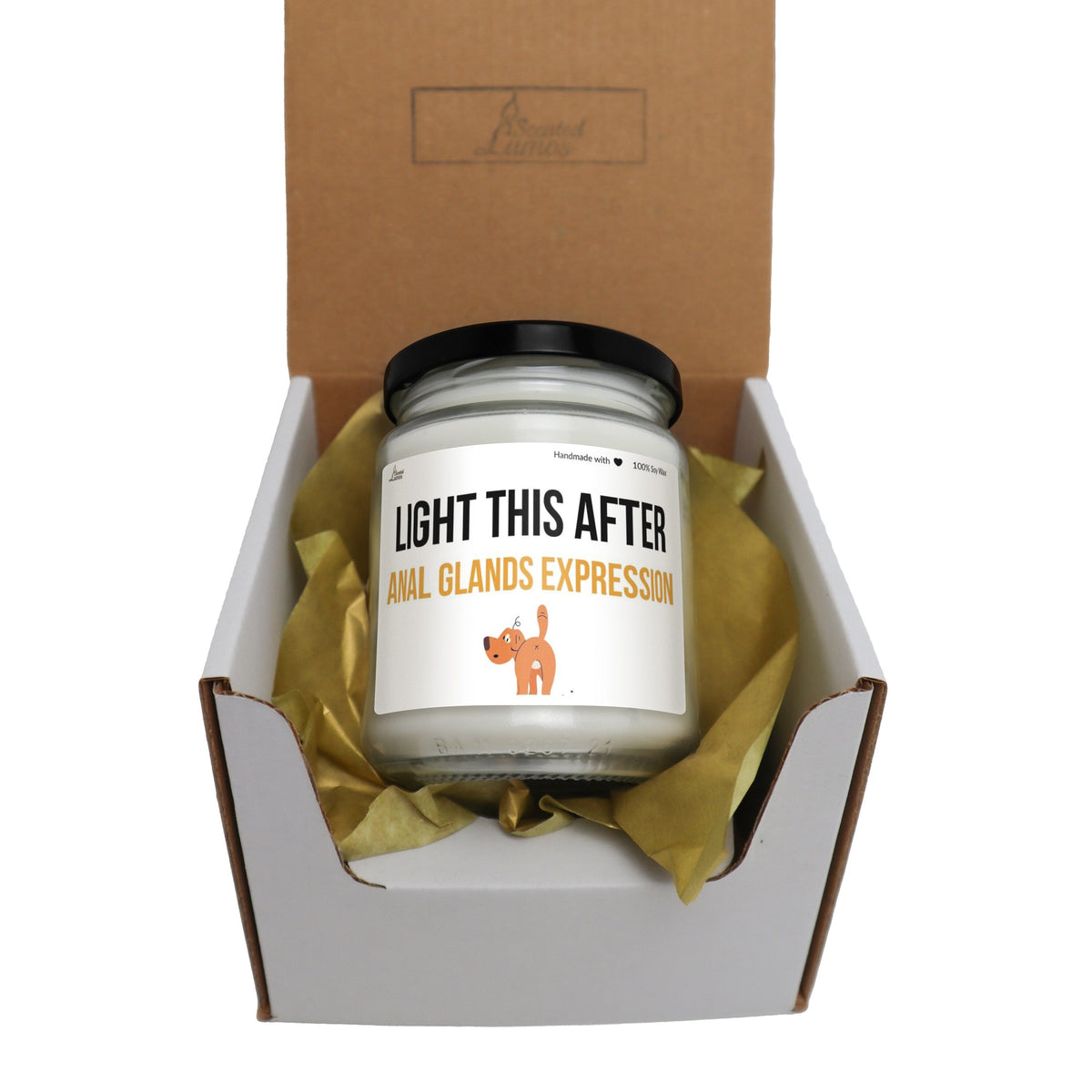 a candle in a box that says light this after