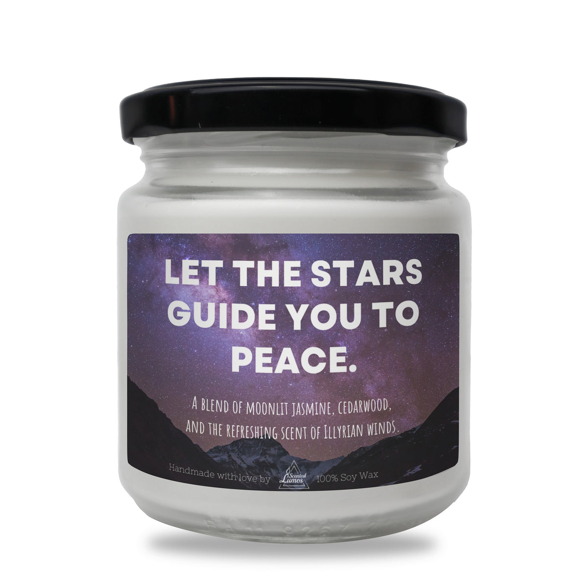 a white jar with a black lid that says let the stars guide you to peace
