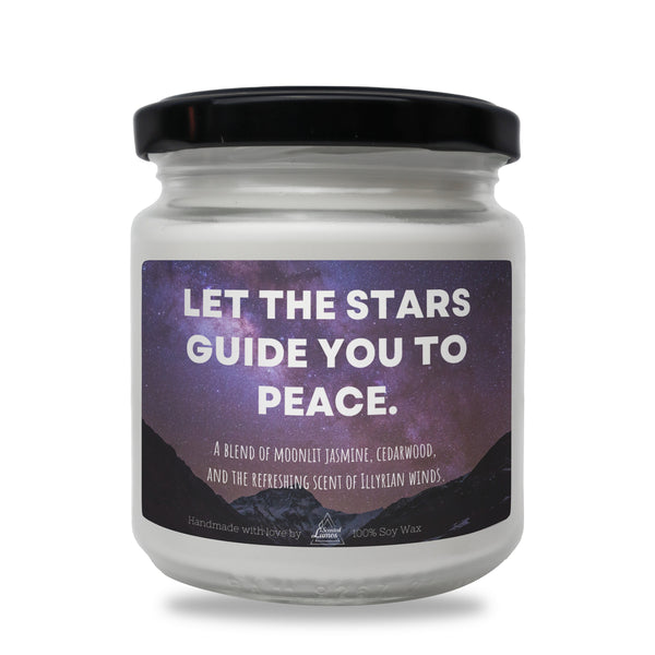 a white jar with a black lid that says let the stars guide you to peace
