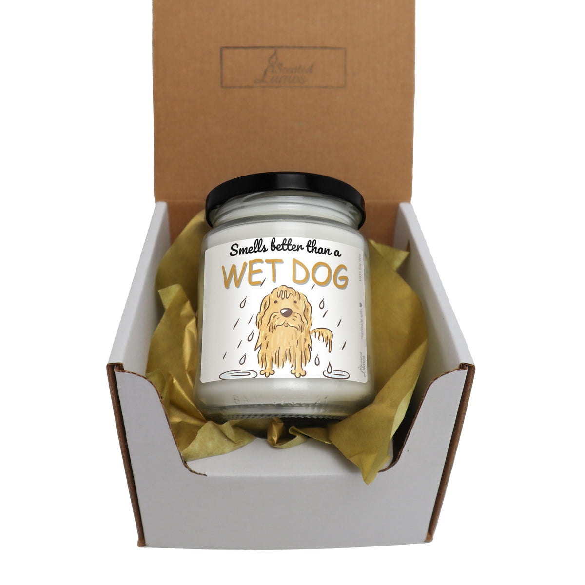 a dog candle in a box with a ribbon around it