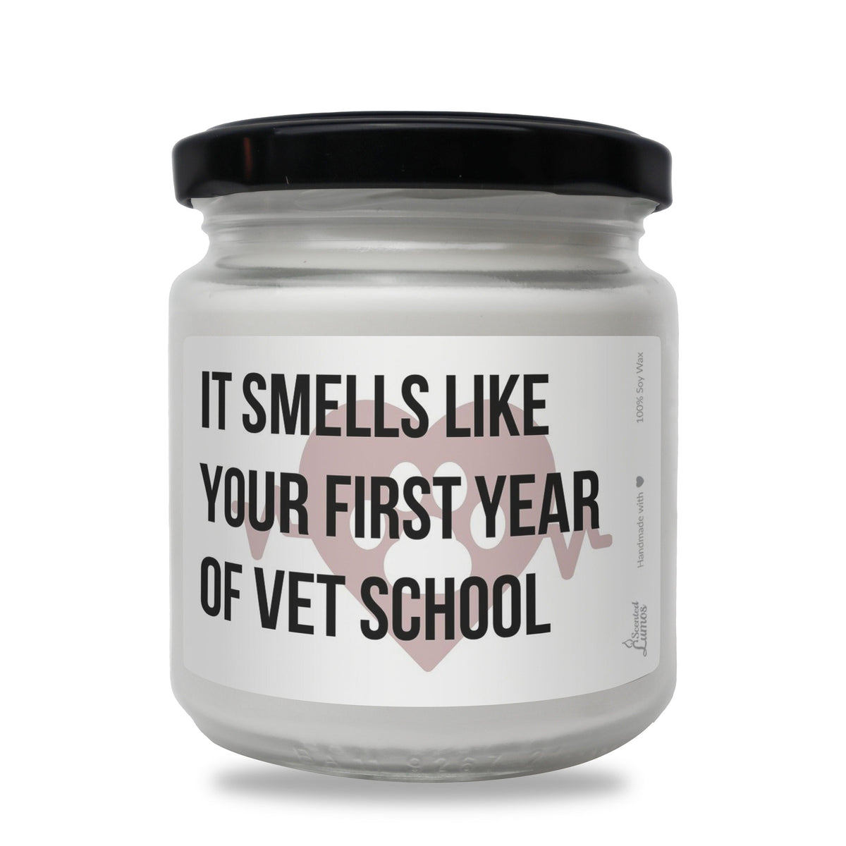 a white jar with a black lid that says it smells like your first year of