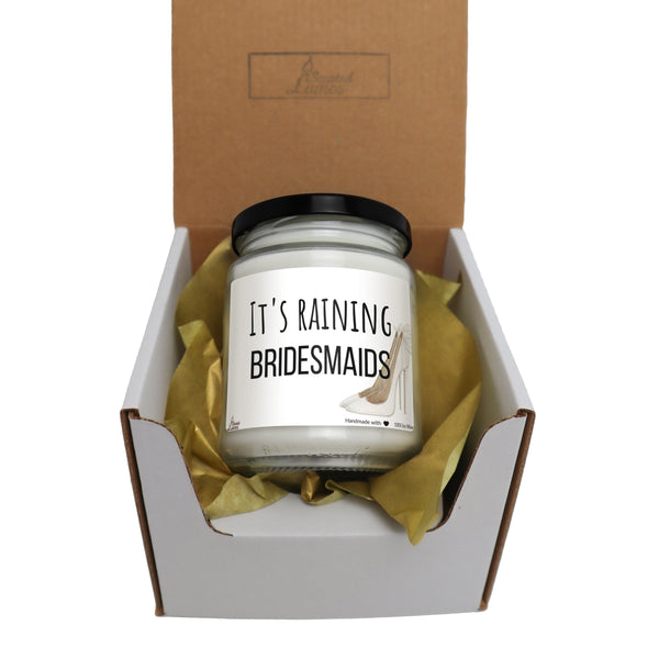 it&#39;s raining bridesmaids candle in a gift box