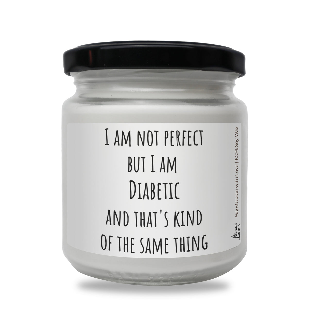 a white jar with a black lid that says i am not perfect but i am