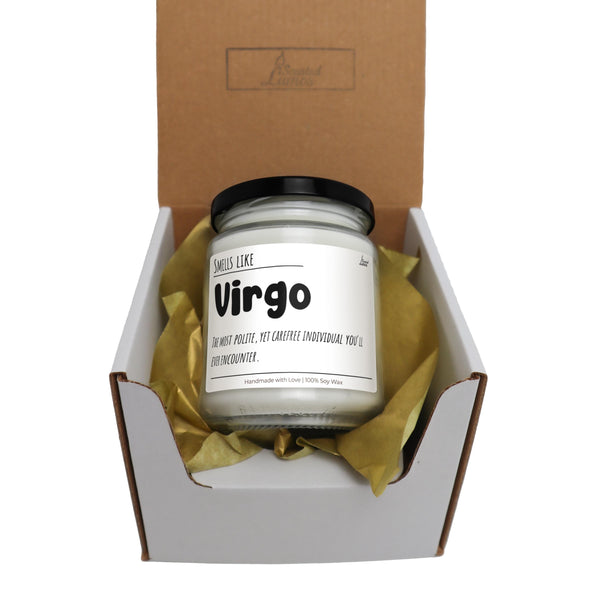 a jar of virgo sits in a cardboard box