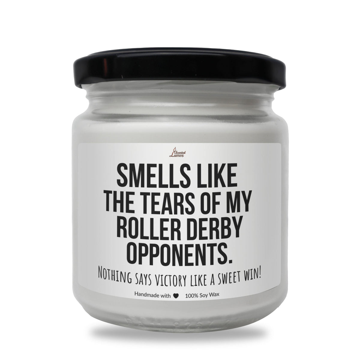 a white jar with a black lid that says smells like the tears of my roller