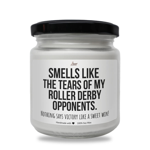 a white jar with a black lid that says smells like the tears of my roller