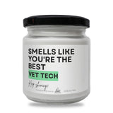 a white jar with a black lid that says smells like you're the best