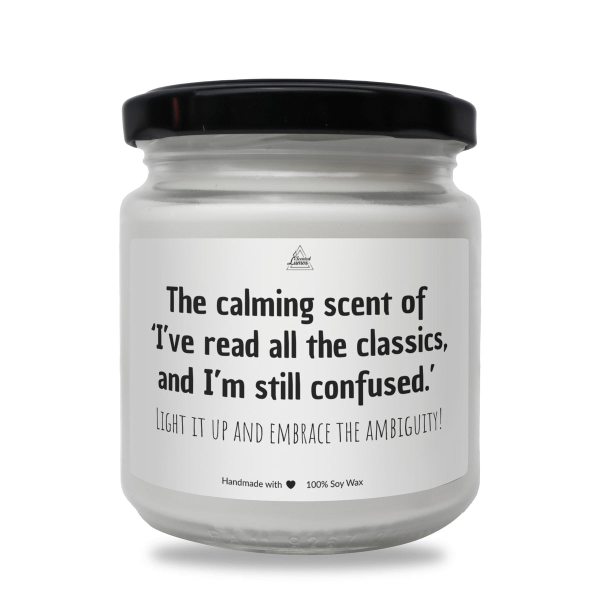 a white jar with a black lid that says, the calming scent of i &#39;