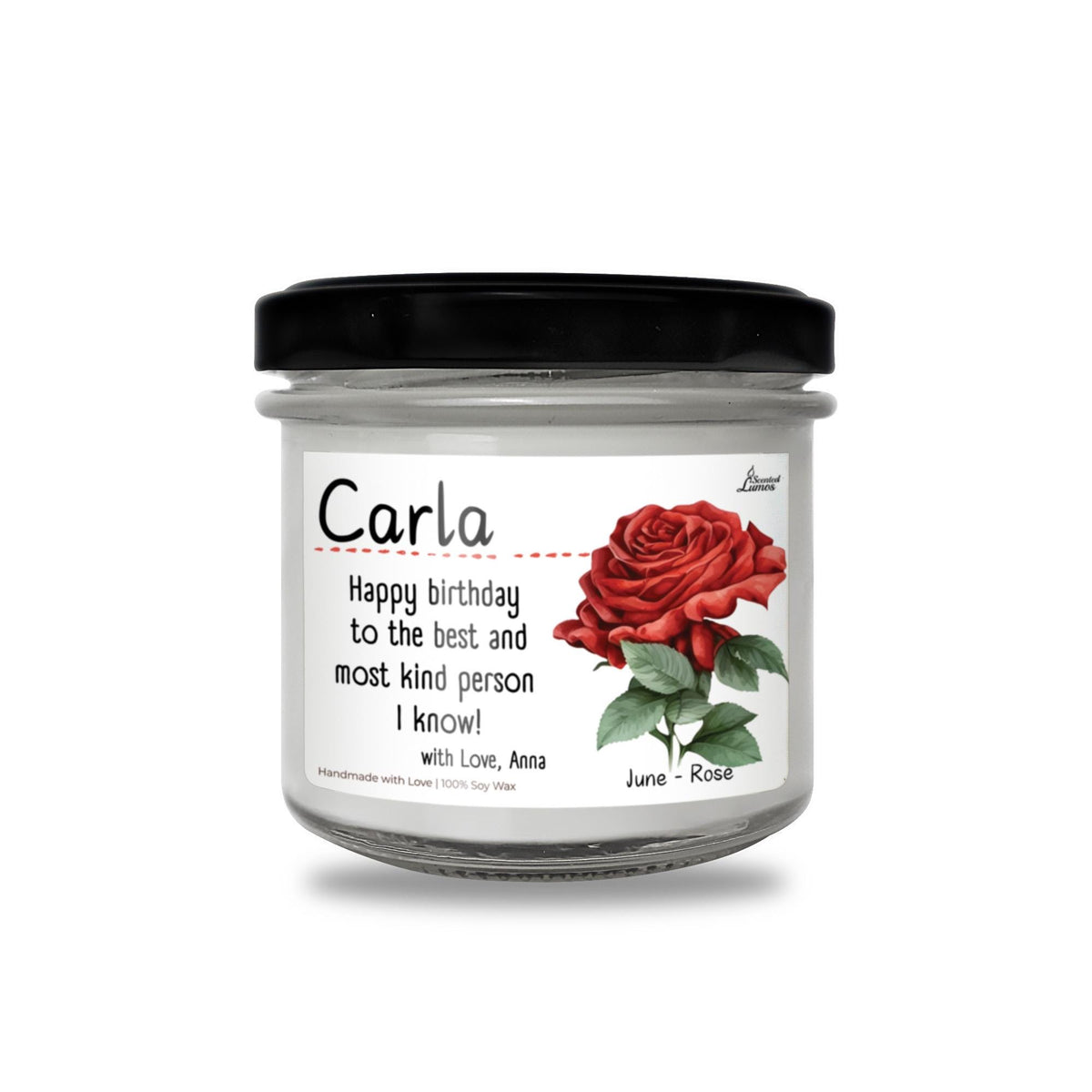 a jar of candles with a red rose on it