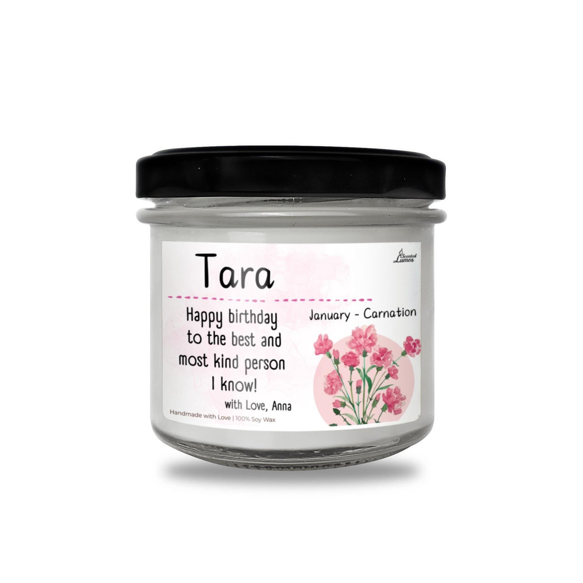 a jar of happy birthday candles with pink flowers
