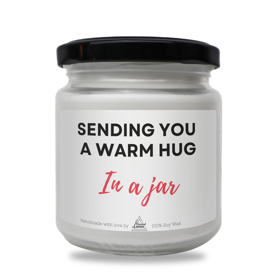 a jar with a message on it that says sending you a warm hug