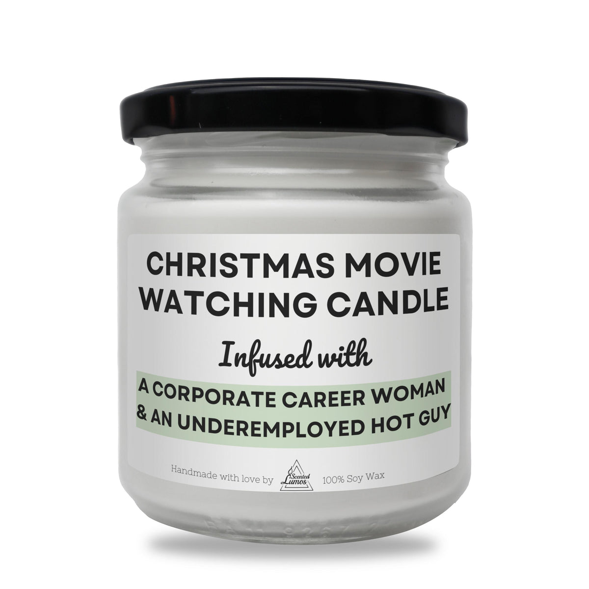 a white candle with a black lid that says christmas movie watching candle