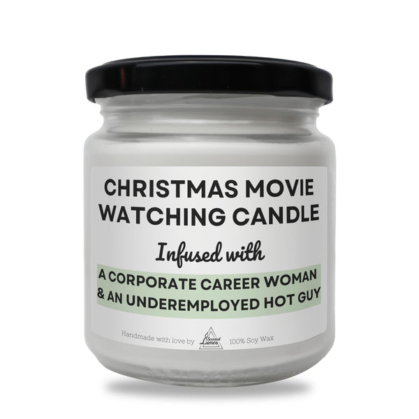 a white candle with a black lid that says christmas movie watching candle