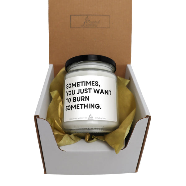 a candle in a box that says sometimes you just want to burn something