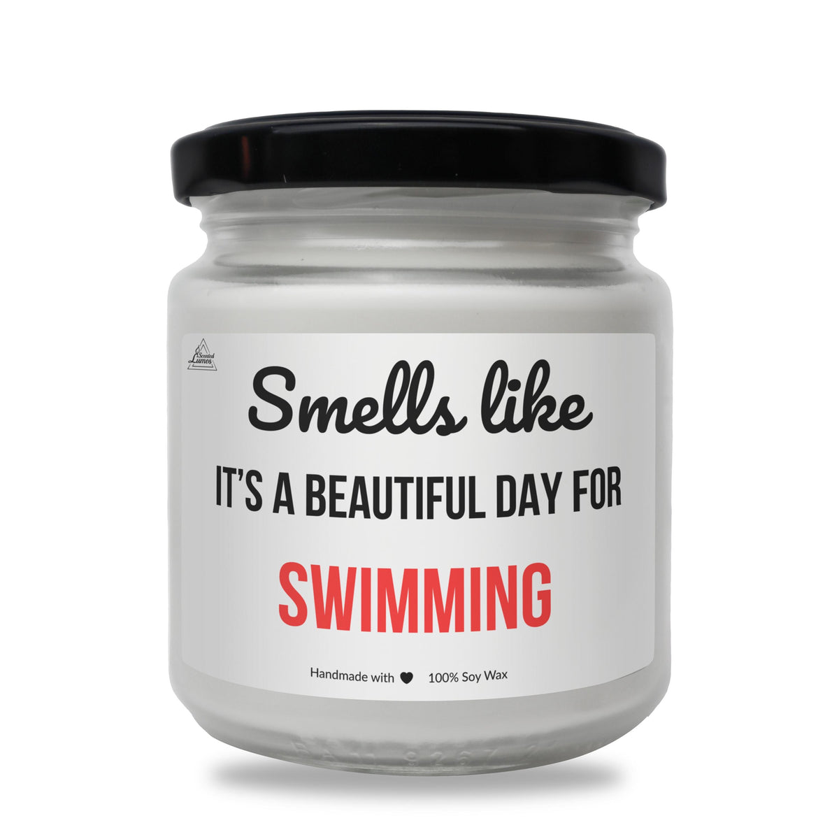 a white jar with a black lid that says smell like it's a beautiful
