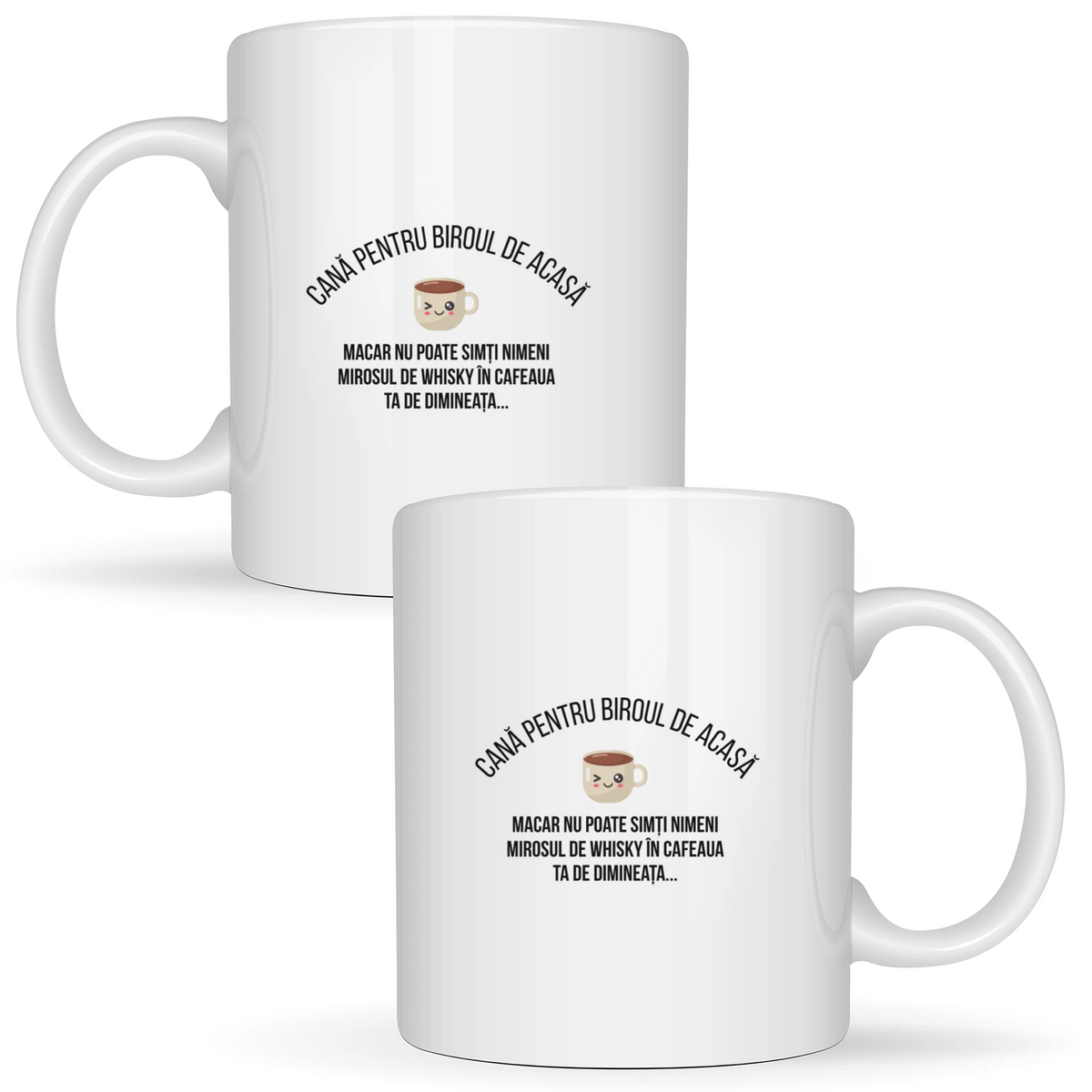 Biroul de acasă, cafea + whisky - Cană albă (ambele parti)
