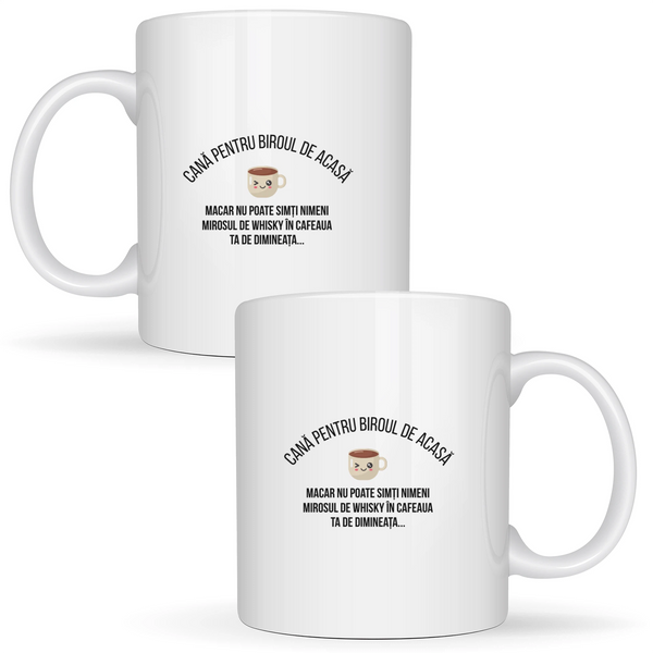 Biroul de acasă, cafea + whisky - Cană albă (ambele parti)