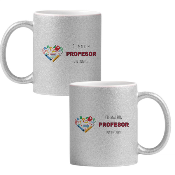 Cel mai bun profesor din univers Cană cu Glitter 350ml - Gri