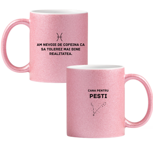 Zodia Pești Cană cu Glitter 350ml - Roz