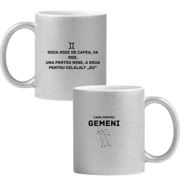 Zodia Gemeni Cană cu Glitter 350ml - Gri