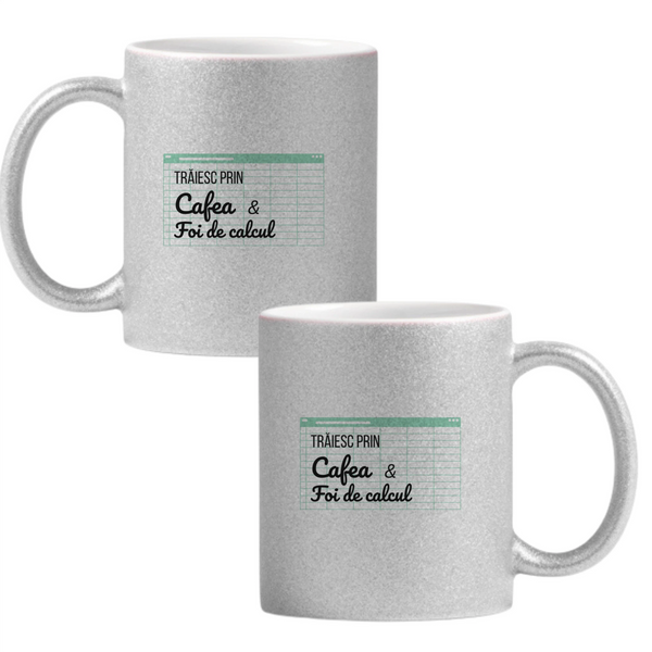 Trăind cu cafea și foi de calcul Cană cu Glitter 350ml - Gri