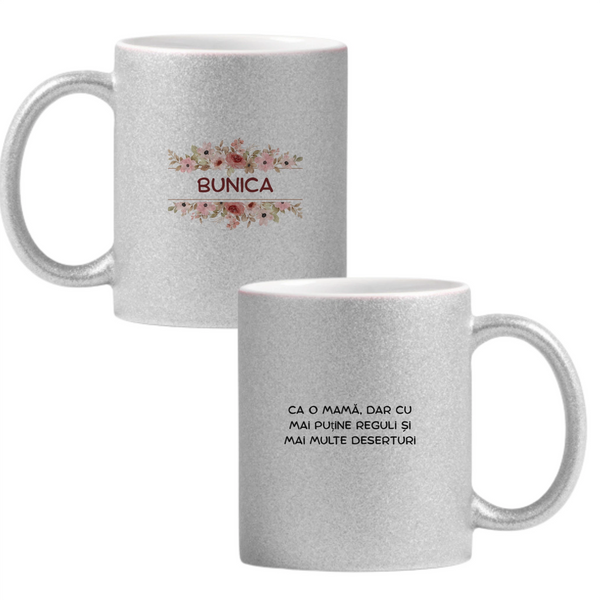 Bunica, mai puține reguli, mai multe deserturi Cană cu Glitter 350ml - Gri